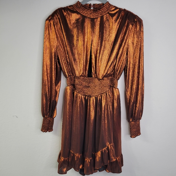 Retrofete melody metallic ruffle puff sleeves.  front cut out mini length size L - Picture 4 of 10